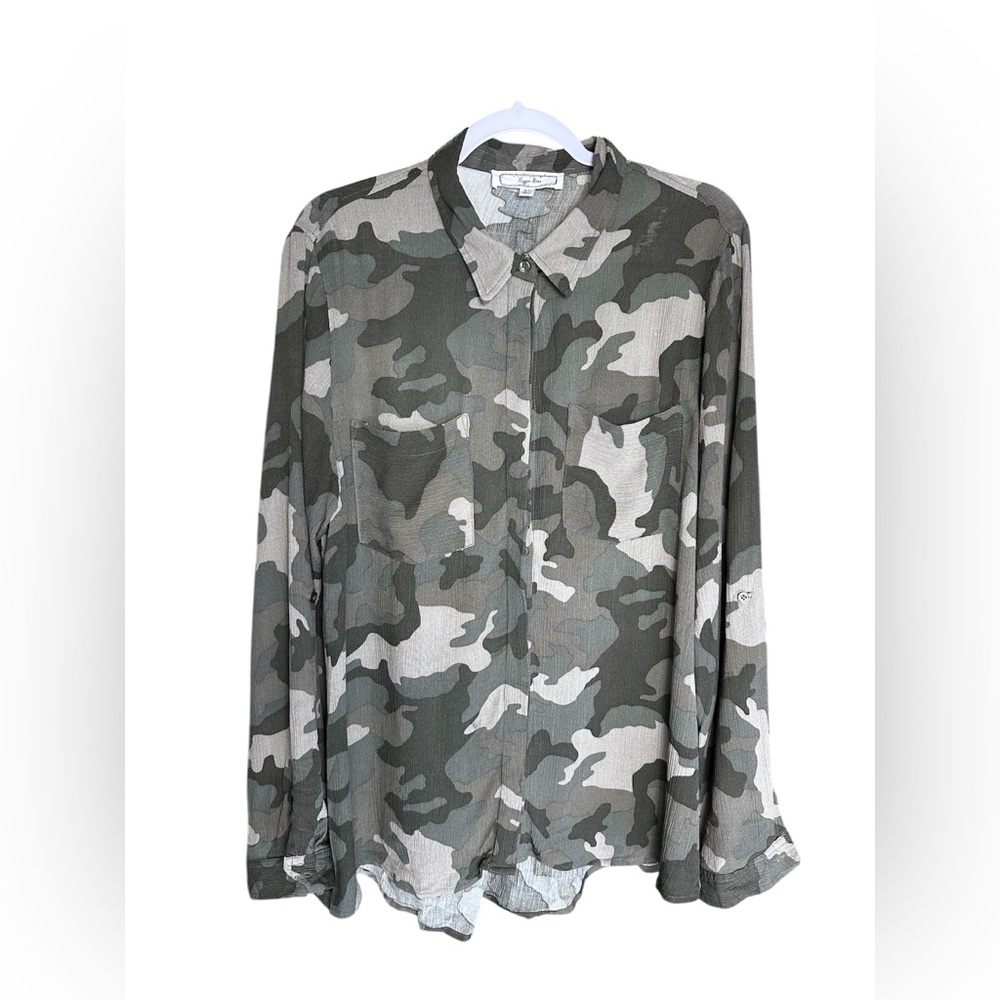Hippie Rose | Camouflage Button-Up Blouse Women’s XL | Lightweight Rayon Top